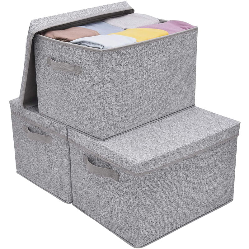 Bacs de rangement, boîte de rangement rectangulaire pour placard, paniers de rangement en tissu avec couvercles et poignées, gris, extra large, lot
