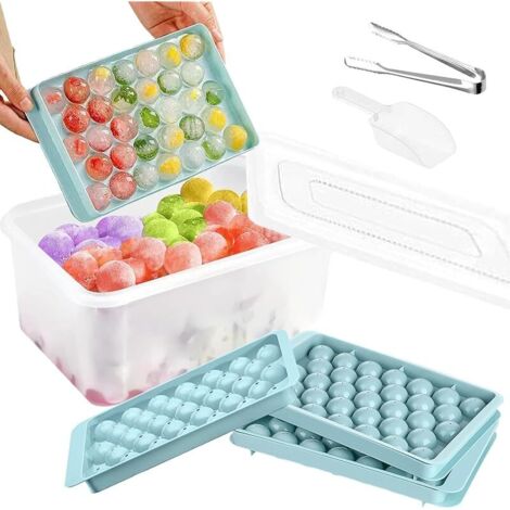 Bacs Glaçons Mini avec Récipient Glaçons, CuillèRe, Pince, 99 Moule Glaçons Ronds Mini avec Couvercle, Glaçons Boule Rond Congelé pour Congélateur, Bac Glaçons pour Cocktails, Whisky,Café, Gelée(Bleu)