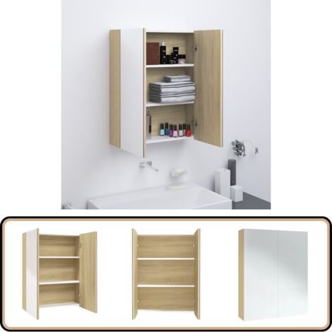Bad-Spiegelschrank 60x15x75 cm MDF Weiß und Eiche-Optik - Badezimmerspiegel - Spiegelschrank - Badmöbel - Aufbewahrung Im Badezimmer - Kosmetikspiegel