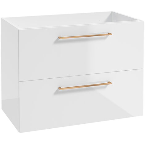 Bad Unterschrank mit 2 Schubladen, 80 cm breit, in weiß Hochglanz mit Metallgriff in kupfer MESSINA-107, B/H/T: ca. 80/60/45 cm