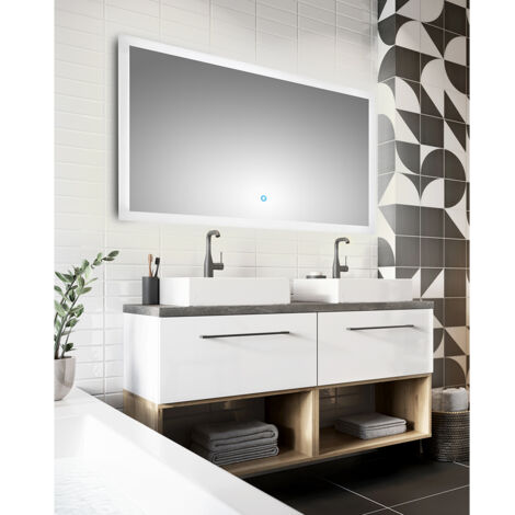 Bad Waschplatz Set mit LED Spiegel und Metallgriffen in schwarz MESSINA-107 in weiß Hochglanz lackiert mit Trüffel Buche Nb. und Beton Dunkel, B/H/T ca. 120/200/46 cm