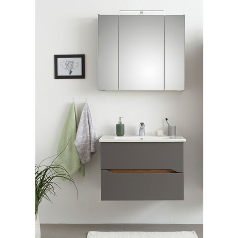 Bad Waschplatz Set mit Spiegelschrank QENA-66 in Quarzgrau Matt Touch mit Riviera Eiche quer Nb., B/H/T: ca. 80/200/45 cm