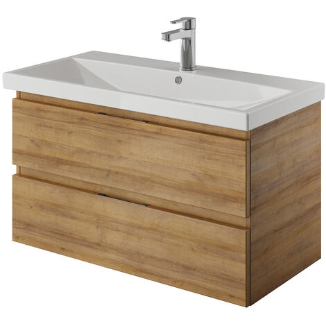 Bad Waschtisch, 90cm, grifflos, in Riviera Eiche Nb. mit Keramik Waschbecken VILLATORO-66, B/H/T ca. 90/53,2/45 cm
