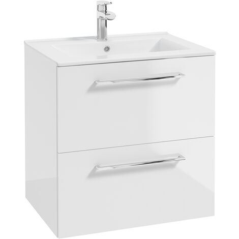 Bad Waschtisch in weiß Hochglanz lackiert mit Metallgriffen in chrom, 2 Schubladen und Keramikwaschbecken MESSINA-107, B/H/T ca. 60/62/46 cm