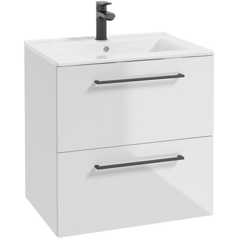 Bad Waschtisch in weiß Hochglanz lackiert mit Metallgriffen in schwarz, 2 Schubladen und Keramikwaschbecken MESSINA-107, B/H/T ca. 60/62/46 cm