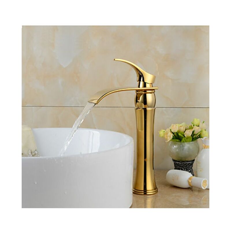 Badarmatur Farbe Gold, mit gebogenem Auslauf, Messing-Ausführung