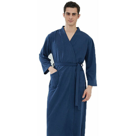 Bademantel für Erwachsene, Waffel-Bademantel, Sauna-Kleidung, dünnes Nachthemd, Unisex, Marineblau, XL