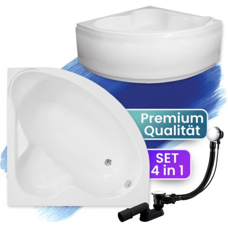 Badewanne Eckbadewanne 120x120  mit AcrylSchürze, Ablaufgarnitur & Füßen GRATIS - Komplettset 4in1 Original Acryl Wanne Siphon - BADLAND STANDARD