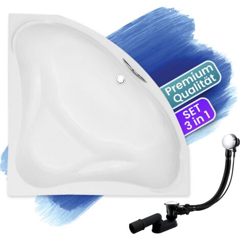 Badewanne Eckbadewanne 134x134, Ablaufgarnitur & Füßen GRATIS - Komplettset 3in1 Original Acryl Wanne Premium Siphon - Made in EU - BADLAND EWA