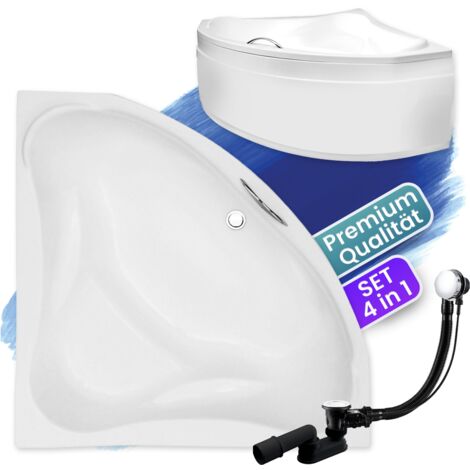 Badewanne Eckbadewanne 134x134  mit AcrylSchürze, Ablaufgarnitur & Füßen GRATIS - Komplettset 4in1 Original Acryl Wanne Siphon - BADLAND EWA