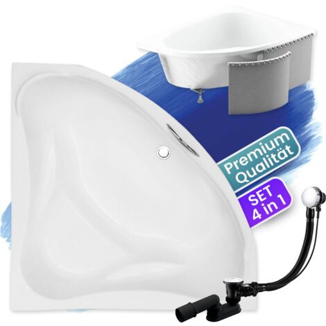 Badewanne Eckbadewanne 134x134  mit Styroporverkleidung, Ablaufgarnitur & Füßen GRATIS - Komplettset 4in1 Original Acryl Wanne Siphon - BADLAND EWA