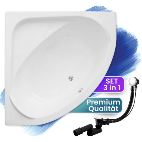 Badewanne Eckbadewanne 140x140, Ablaufgarnitur & Füßen GRATIS - Komplettset 3in1 Original Acryl Wanne Premium Siphon - Made in EU - BADLAND STANDARD