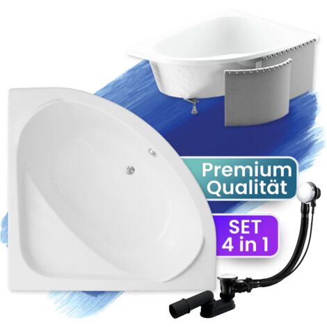 Badewanne Eckbadewanne 140x140  mit Styroporverkleidung, Ablauf & Füße GRATIS - Komplettset 4in1 Original Acryl Wanne Siphon - BADLAND STANDARD