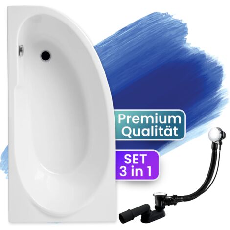 Badewanne Eckbadewanne 140x70 Links, Ablaufgarnitur & Füßen GRATIS - Komplettset 3in1 Original Acryl Wanne Premium Siphon - Made in EU - BADLAND MIKI