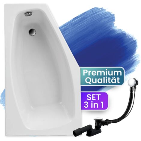 Badewanne Eckbadewanne 140x80 Links, Ablaufgarnitur & Füßen GRATIS - Komplettset 3in1 Original Acryl Wanne Premium Siphon - BADLAND MARIKA