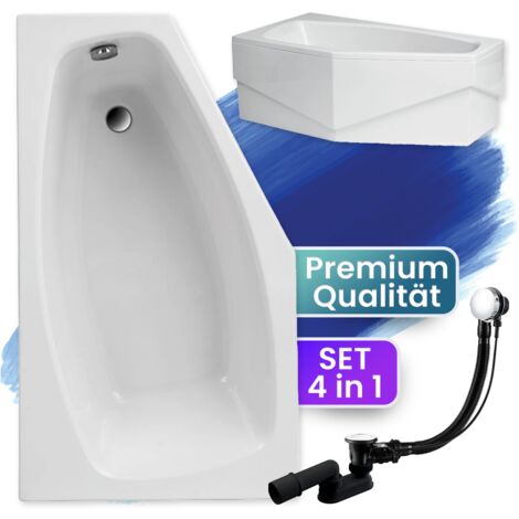 Badewanne Eckbadewanne 140x80 Links mit AcrylSchürze, Ablaufgarnitur & Füßen GRATIS - Komplettset 4in1 Original Acryl Wanne Siphon - BADLAND MARIKA