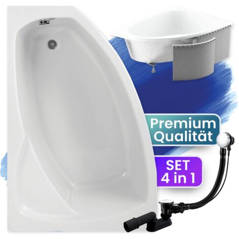 Badewanne Eckbadewanne 140x80 Links mit Styroporverkleidung, Ablauf & Füße GRATIS - Komplettset 4in1 Original Acryl Wanne Siphon - BADLAND FRIDA