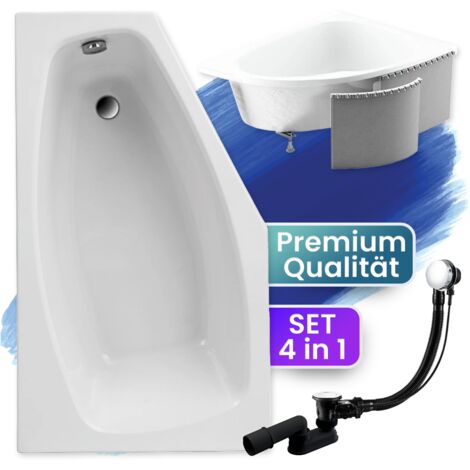 Badewanne Eckbadewanne 140x80 Links mit Styroporverkleidung, Ablauf & Füße GRATIS - Komplettset 4in1 Original Acryl Wanne Siphon - BADLAND MARIKA