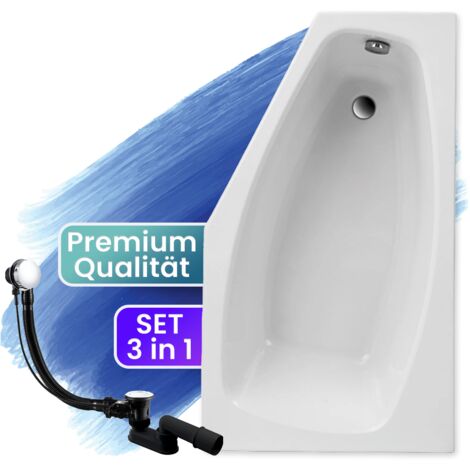 Badewanne Eckbadewanne 140x80 Rechts, Ablaufgarnitur & Füßen GRATIS - Komplettset 3in1 Original Acryl Wanne Premium Siphon - BADLAND MARIKA