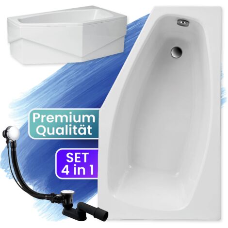 Badewanne Eckbadewanne 140x80 Rechts mit AcrylSchürze, Ablaufgarnitur & Füßen GRATIS - Komplettset 4in1 Original Acryl Wanne Siphon - BADLAND MARIKA