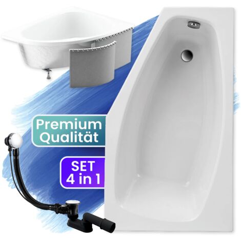 Badewanne Eckbadewanne 140x80 Rechts mit Styroporverkleidung, Ablauf & Füße GRATIS - Komplettset 4in1 Original Acryl Wanne Siphon - BADLAND MARIKA