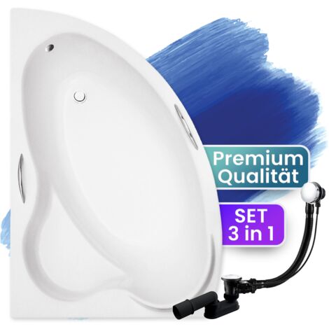 Badewanne Eckbadewanne 140x90 Links, Ablaufgarnitur & Füßen GRATIS - Komplettset 3in1 Original Acryl Wanne Premium Siphon - Made in EU - BADLAND ADA