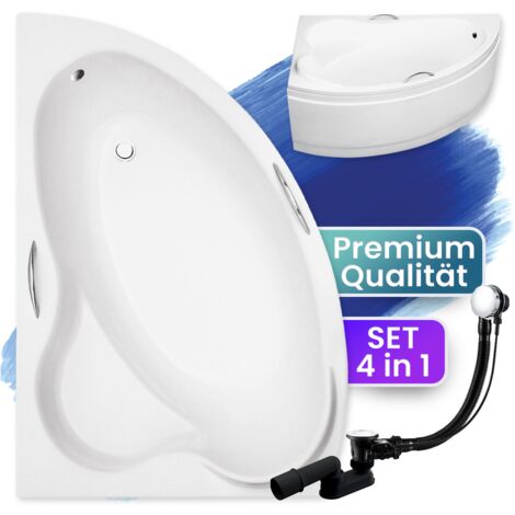 Badewanne Eckbadewanne 140x90 Links mit AcrylSchürze, Ablaufgarnitur & Füßen GRATIS - Komplettset 4in1 Original Acryl Wanne Siphon - BADLAND ADA