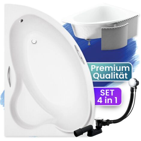 Badewanne Eckbadewanne 140x90 Links mit Styroporverkleidung, Ablauf & Füße GRATIS - Komplettset 4in1 Original Acryl Wanne Siphon - BADLAND ADA