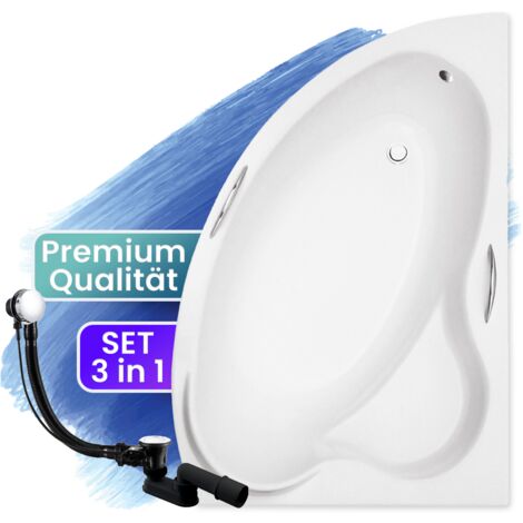 Badewanne Eckbadewanne 140x90 Rechts, Ablaufgarnitur & Füßen GRATIS - Komplettset 3in1 Original Acryl Wanne Premium Siphon - Made in EU - BADLAND ADA