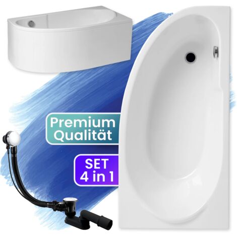 Badewanne Eckbadewanne 145x85 Rechts mit AcrylSchürze, Ablaufgarnitur & Füßen GRATIS - Komplettset 4in1 Original Acryl Wanne Siphon - BADLAND MIKI