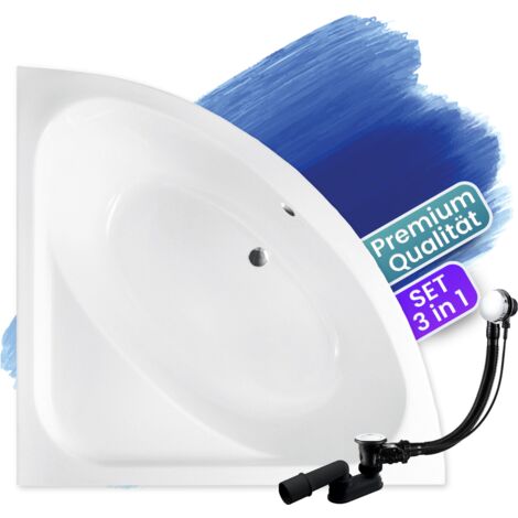 Badewanne Eckbadewanne 148x148, Ablaufgarnitur & Füßen GRATIS - Komplettset 3in1 Original Acryl Wanne Premium Siphon - Made in EU - BADLAND LUKSJA