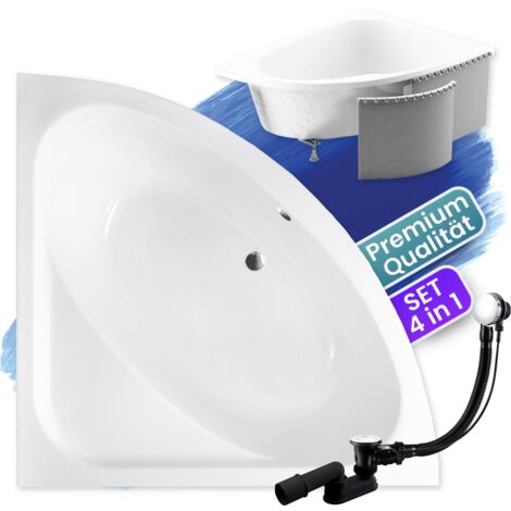 Badewanne Eckbadewanne 148x148  mit Styroporverkleidung, Ablaufgarnitur & Füßen GRATIS - Komplettset 4in1 Original Acryl Wanne Siphon - BADLAND LUKSJA