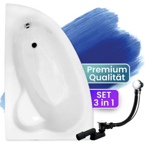 Badewanne Eckbadewanne 150x100 Links, Ablaufgarnitur & Füßen GRATIS - Komplettset 3in1 Original Acryl Wanne Premium Siphon - BADLAND NATALIA