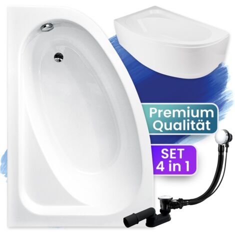 Badewanne Eckbadewanne 150x100 Links mit AcrylSchürze, Ablaufgarnitur & Füßen GRATIS - Komplettset 4in1 Original Acryl Wanne Siphon - BADLAND CORNEA