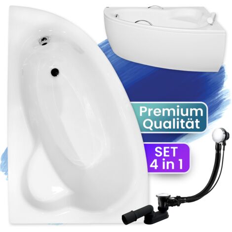 Badewanne Eckbadewanne 150x100 Links mit AcrylSchürze, Ablaufgarnitur & Füßen GRATIS - Komplettset 4in1 Original Acryl Wanne Siphon - BADLAND NATALIA