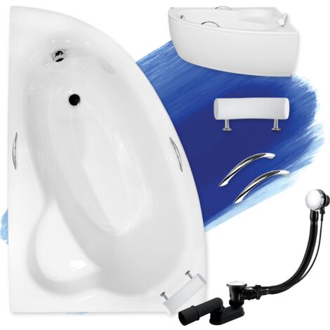 Badewanne Eckbadewanne 150x100 Links mit AcrylSchürze + Handgriffen + Kopfstütze, Ablauf & Füße GRATIS, SET 6in1 - BADLAND NATALIA PREMIUM