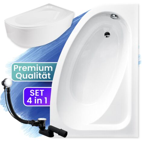 Badewanne Eckbadewanne 150x100 Rechts mit AcrylSchürze, Ablaufgarnitur & Füßen GRATIS - Komplettset 4in1 Original Acryl Wanne Siphon - BADLAND CORNEA
