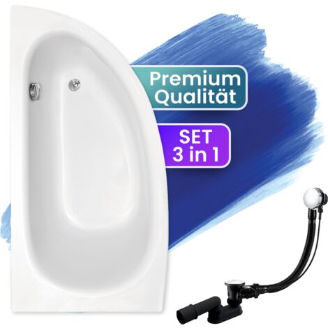 Badewanne Eckbadewanne 150x70 Links, Ablaufgarnitur & Füßen GRATIS - Komplettset 3in1 Original Acryl Wanne Premium Siphon - BADLAND MILENA