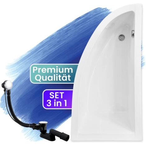 Badewanne Eckbadewanne 150x70 Rechts, Ablaufgarnitur & Füßen GRATIS - Komplettset 3in1 Original Acryl Wanne Premium Siphon - BADLAND PRAKTIKA