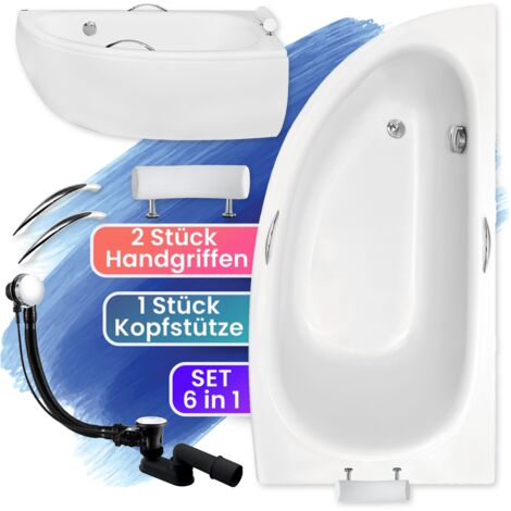 Badewanne Eckbadewanne 150x70 Rechts mit AcrylSchürze + Handgriffen + Kopfstütze, Ablauf & Füße GRATIS, SET 6in1 - BADLAND MILENA PREMIUM