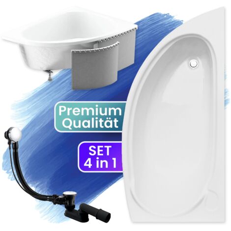 Badewanne Eckbadewanne 150x70 Rechts mit Styroporverkleidung, Ablauf & Füße GRATIS - Komplettset 4in1 Original Acryl Wanne Siphon - BADLAND MINI