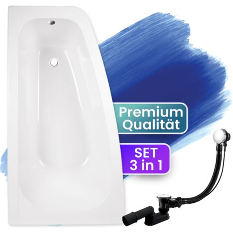 Badewanne Eckbadewanne 150x80 Links, Ablaufgarnitur & Füßen GRATIS - Komplettset 3in1 Original Acryl Wanne Premium Siphon - Made in EU - BADLAND LUNA