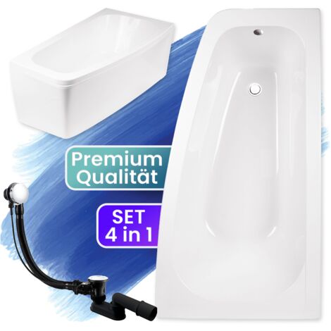 Badewanne Eckbadewanne 150x80 Rechts mit AcrylSchürze, Ablaufgarnitur & Füßen GRATIS - Komplettset 4in1 Original Acryl Wanne Siphon - BADLAND LUNA