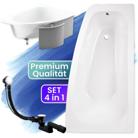 Badewanne Eckbadewanne 150x80 Rechts mit Styroporverkleidung, Ablauf & Füße GRATIS - Komplettset 4in1 Original Acryl Wanne Siphon - BADLAND LUNA