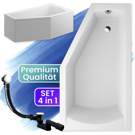 Badewanne Eckbadewanne 150x90 Rechts mit AcrylSchürze, Ablaufgarnitur & Füßen GRATIS - Komplettset 4in1 Original Acryl Wanne Siphon - BADLAND SELENA