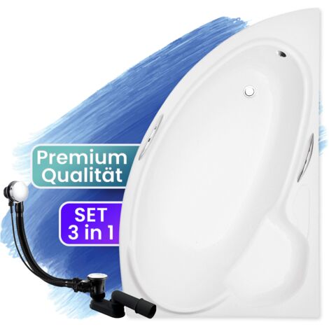 Badewanne Eckbadewanne 150x95 Rechts, Ablaufgarnitur & Füßen GRATIS - Komplettset 3in1 Original Acryl Wanne Premium Siphon - BADLAND BIANKA