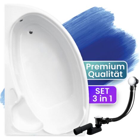 Badewanne Eckbadewanne 155x95 Links, Ablaufgarnitur & Füßen GRATIS - Komplettset 3in1 Original Acryl Wanne Premium Siphon - BADLAND FINEZJA
