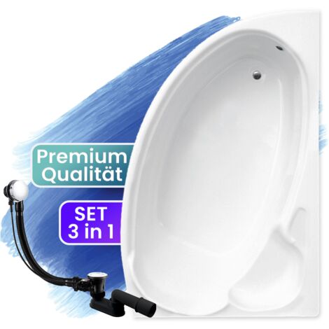 Badewanne Eckbadewanne 155x95 Rechts, Ablaufgarnitur & Füßen GRATIS - Komplettset 3in1 Original Acryl Wanne Premium Siphon - BADLAND FINEZJA