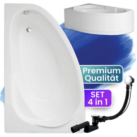 Badewanne Eckbadewanne 160x100 Links mit AcrylSchürze, Ablaufgarnitur & Füßen GRATIS - Komplettset 4in1 Original Acryl Wanne Siphon - BADLAND MAREA
