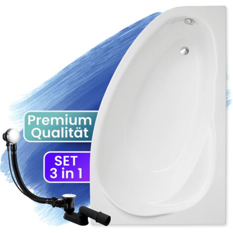 Badewanne Eckbadewanne 160x100 Rechts, Ablaufgarnitur & Füßen GRATIS - Komplettset 3in1 Original Acryl Wanne Premium Siphon - BADLAND MAREA